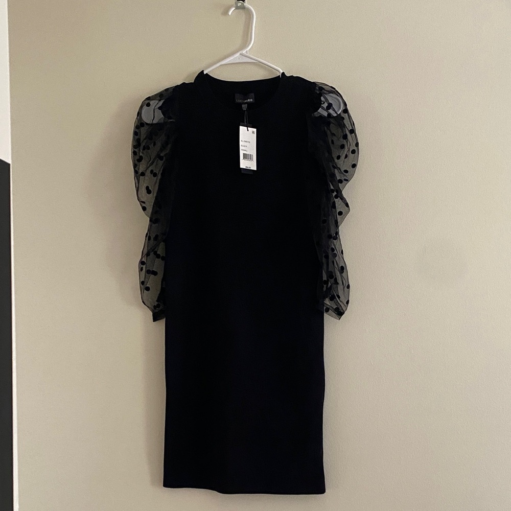 Lucy Paris Black Dress with Sheer Polka Dot Sleeves